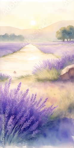 Watercolor lavender field. AI generated illustration © vector_master