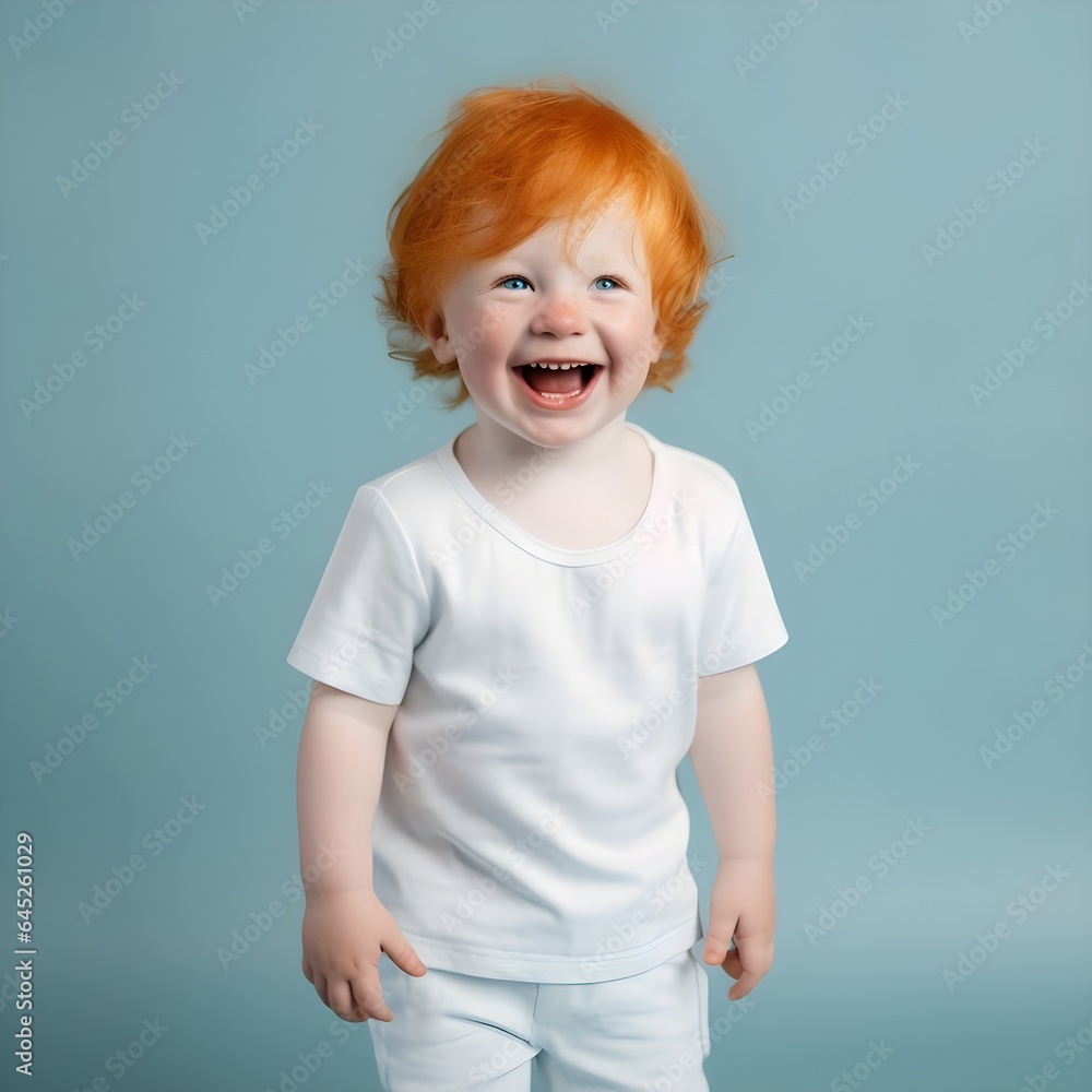 A laughing toddler ginger boy happy on a blue studio background A laughing toddler ginger boy happy on a blue studio background
