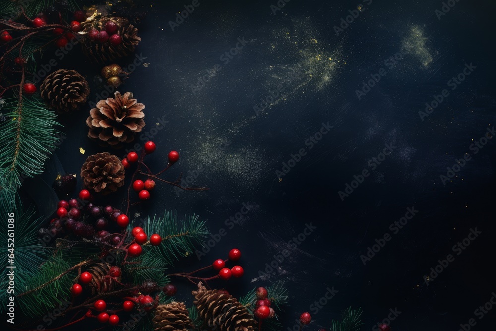 Pine cones and berries on a dark background