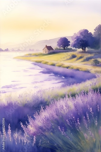 Watercolor lavender field. AI generated illustration