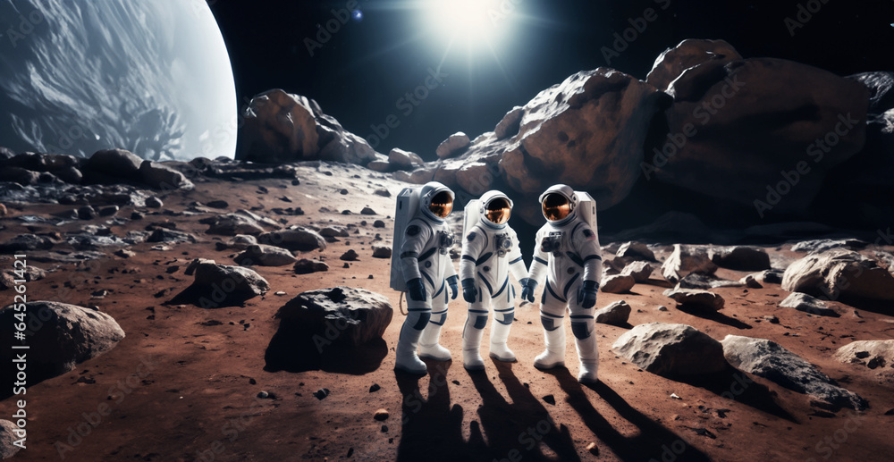 immagine primo piano di astronauti nella tuta spaziale sulla superficie di una luna aliena, spazio scuro e pianeti sullo sfondo - obrazy, fototapety, plakaty 