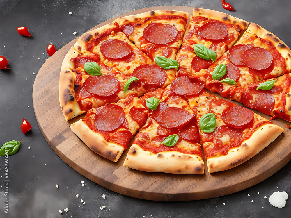 delicious savory pizza with pepperoni and pepper on the black board on the dark wooden background