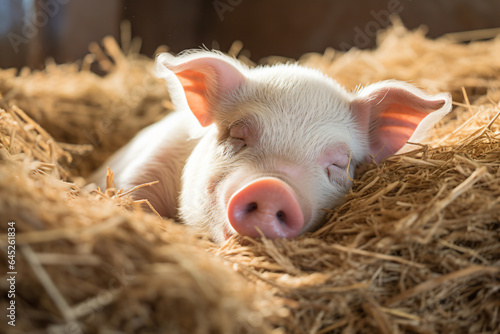 a small pig is sleeping in a pile of hay