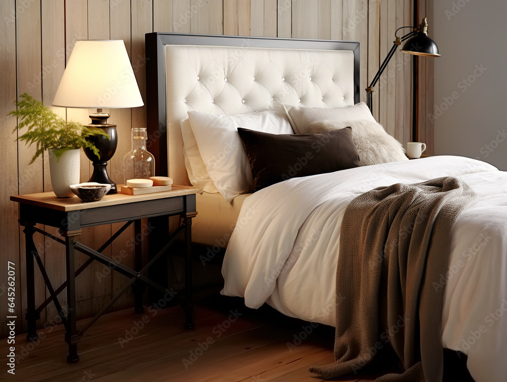 Farmhouse industrial style interior design of modern bedroom. Stock
