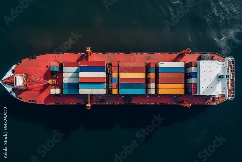Transportation overseas international shipment delivery logistics fast maritime container cargo ship riding gliding sea ocean drone aerial top footage from sky worldwide business trade trucking.