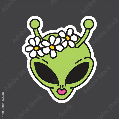 Alien green girl head. Cute flat cartoon patch or sticker. 