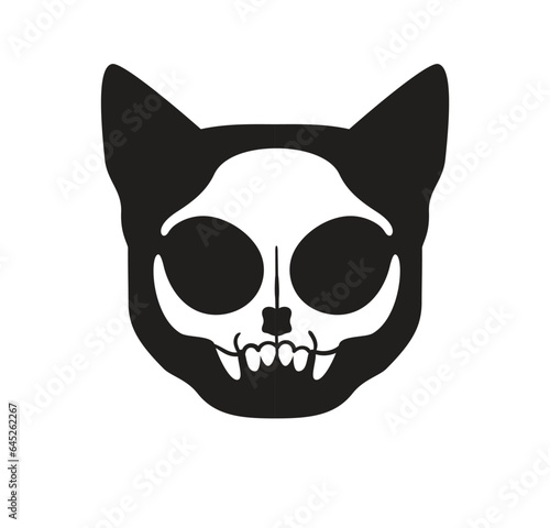 White cat Skull on dark cat head silhouette. Vector logo. Clip art. 