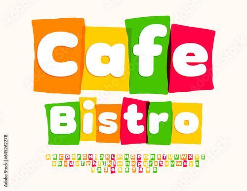 Vector colorful logo Cafe Bistro. Creative Alphabet Letters and Numbers set. Modern bright Font