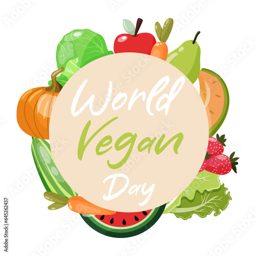 World vegan day beige round frame with colourful vegetables and fruits.