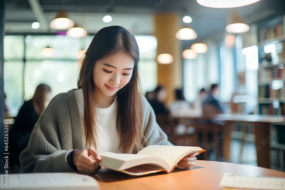 Young korean female student studying with e-textbooks in the university library. generative AI Young korean female student studying with e-textbooks in the university library. generative AI