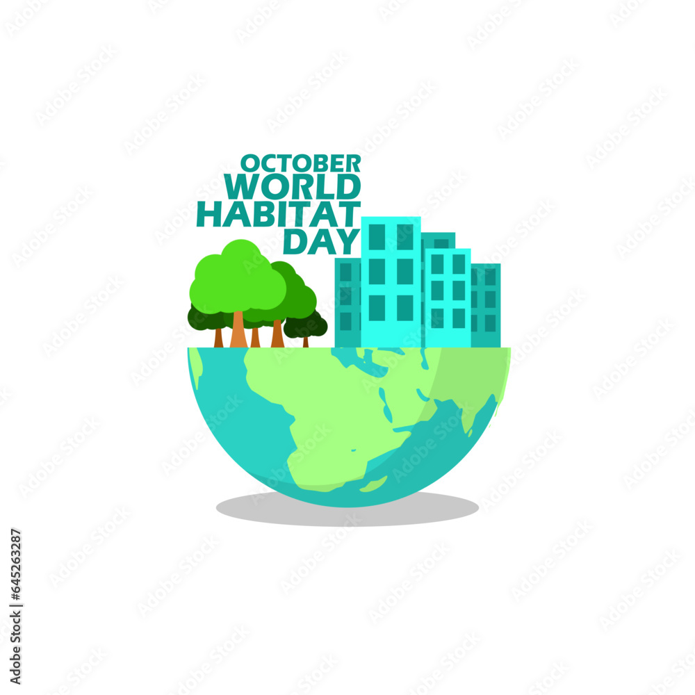 Icons of dense buildings and trees above the earth with bold text on white background to commemorate World Habitat Day on October Icons of dense buildings and trees above the earth with bold text on white background to commemorate World Habitat Day on October