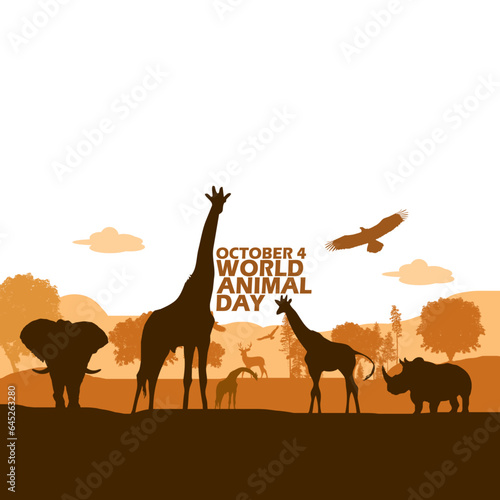 Wild animals such as giraffes  elephant  rhinos  deer  eagles  trees  hills and bold text to commemorate World Animal Day on October 4