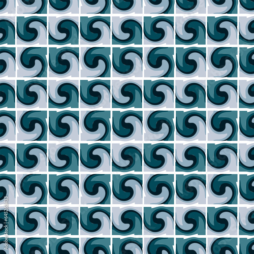 Seamless pattern simulation of twisting waves in a chaotic manner. Square wave pieces for fashionable prints in funk style. Unusual psychedelic wave background with steep lines. Divided water