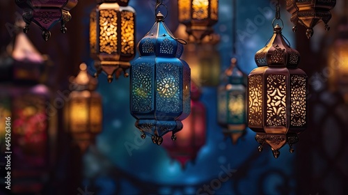 Ramadan celebration illustration template with Arabic lantern. copy space. banner decoration background. 