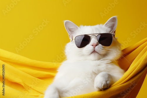 Beautiful cat with sunglasses lying on bed, on color background.