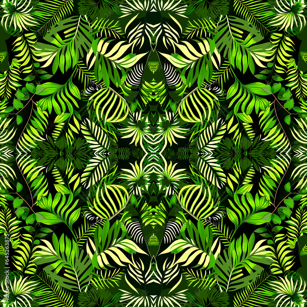 Seamless pattern with tropical leaves on dark green background.
