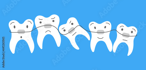 Flat cute teeth with braces. Dental care. Oral hygiene concept for children for pediatric dentistry. Teeth cleaning and prevention. Vector hand draw illustration