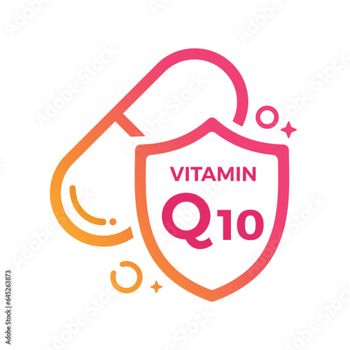 Vitamin Q10 Pill Shield icon Logo Protection, Medicine heath Vector illustration
