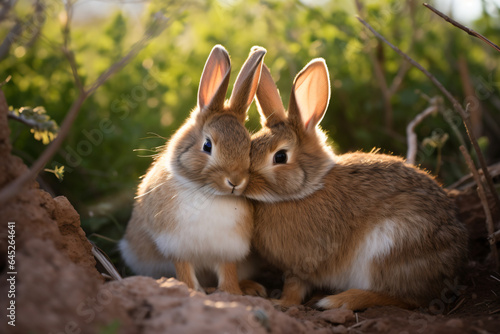 two rabbits sitting next to each other in a dirt field