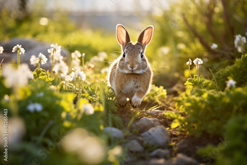 a rabbit is sitting in the grass near some flowers