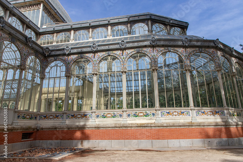 Crystal Palace (Palacio de cristal) in Retiro Park,Madrid, Spain. Is the main attraction of the park (built in 1887 by the architect Velazquez Bosco). Detail of the crystal palace.