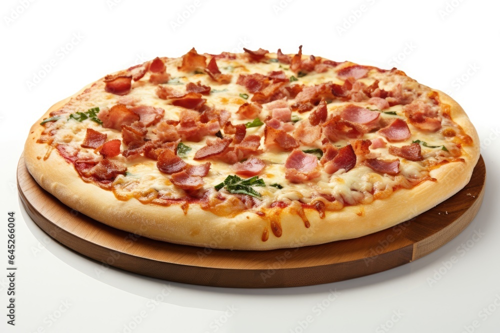 Delicious fresh pizza on wooden pizza board isolated on white background