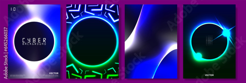 Colorful Bright Neon Poster Background Templates. Glowing Geometric shapes on dark blue and yellow backgrounds. Vector Illustration.