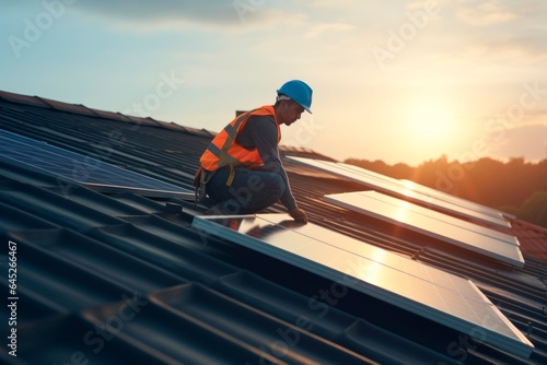  workers Installing solar panels on house roof © XC Stock