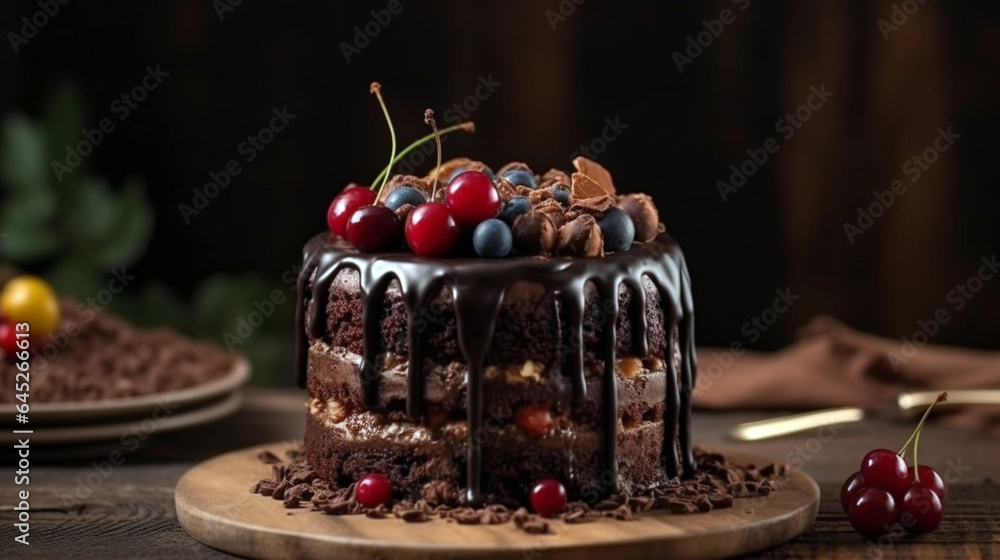 Chocolate and whipped cream cake with cherries or Black Forest cake