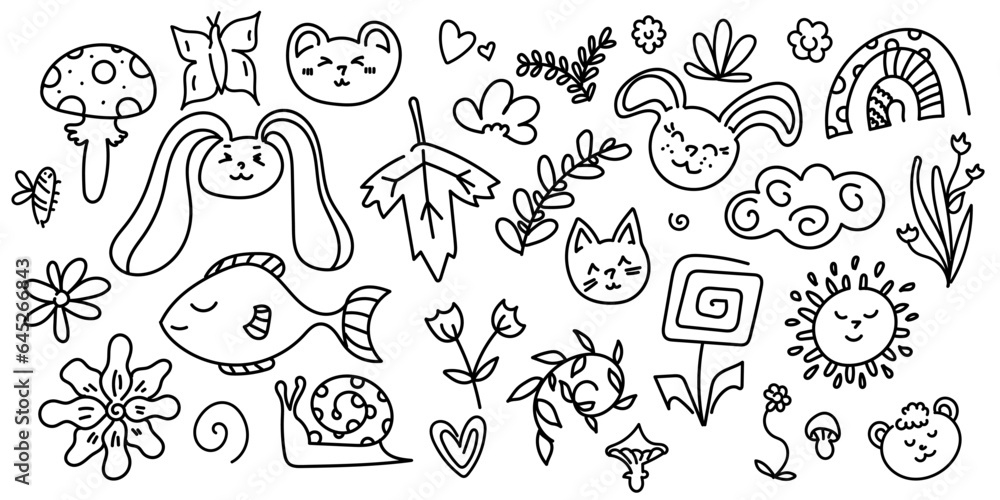 Doodle illustrations. Cute animals and leaves. Vector.