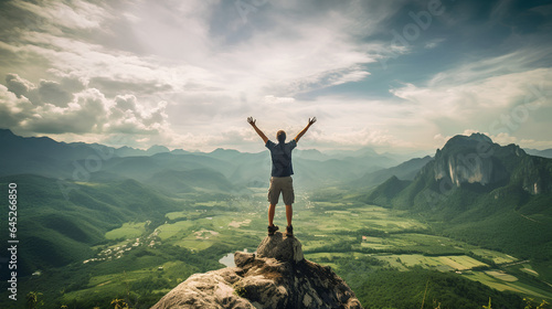 Joyful Man Celebrating on Mountain Summit with Arms Uplifted