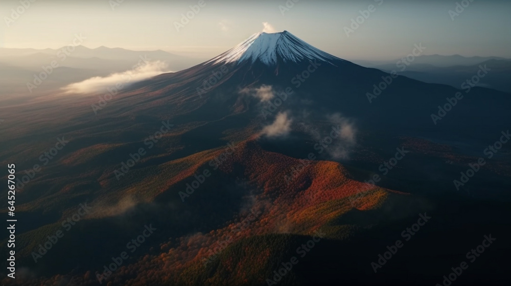 Japanese landscape with sakura trees against the backdrop of mountains and a volcano fantasy
