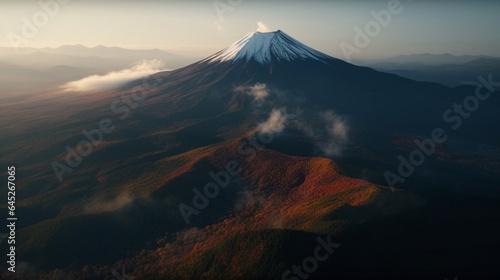 Japanese landscape with sakura trees against the backdrop of mountains and a volcano fantasy
