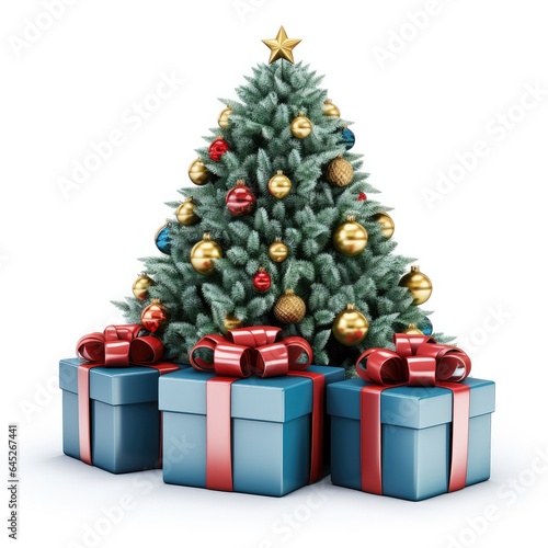 Christmas tree with gift boxes with bows isolated on white background, illustration drawn cartoon style. Presents for Christmas or New Year.