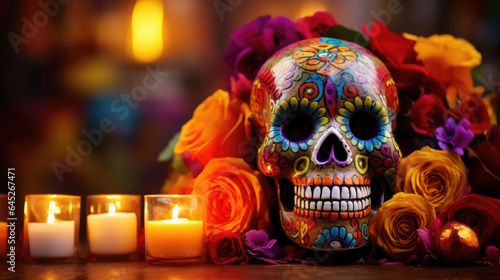 Day of the Dead Mexican Skull with Floral and Candle Composition