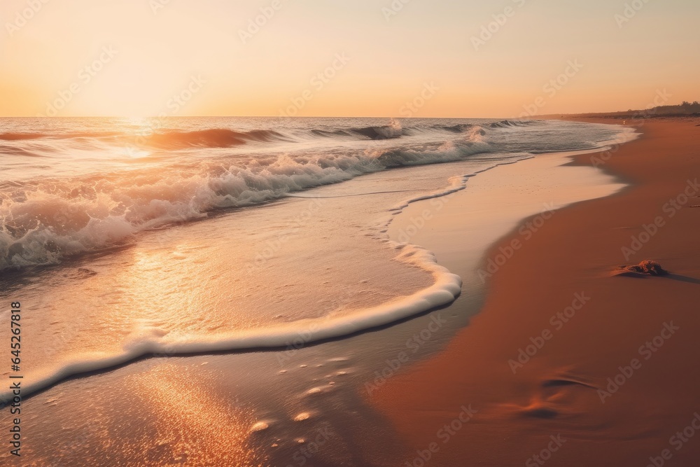 A picturesque sandy beach with gentle waves lapping at the shore