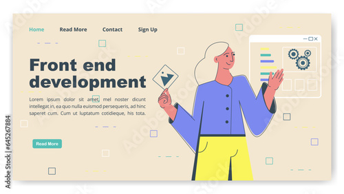 Programmer person develop computer and phone website interface. Front end development.