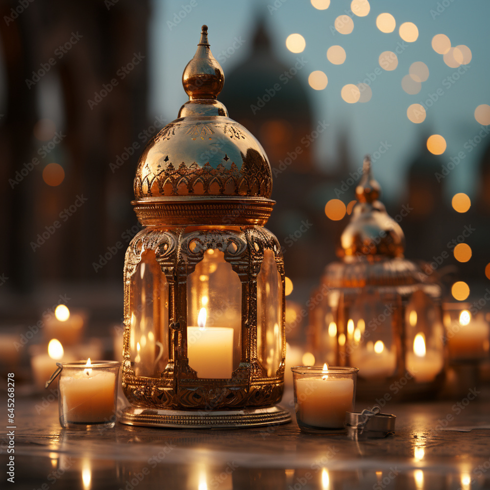 Lantern in the desert at night. Ramadan Kareem background created with Generative AI technology