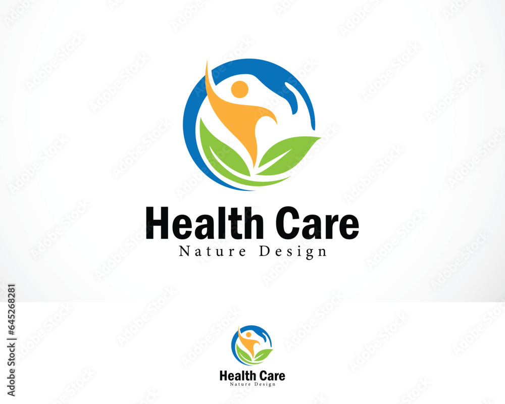 health care logo creative design people plus sign symbol medical clinic nature hand and leave