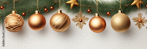 Panorama of Green Christmas tree branch with christmas balls decorations for design on white background