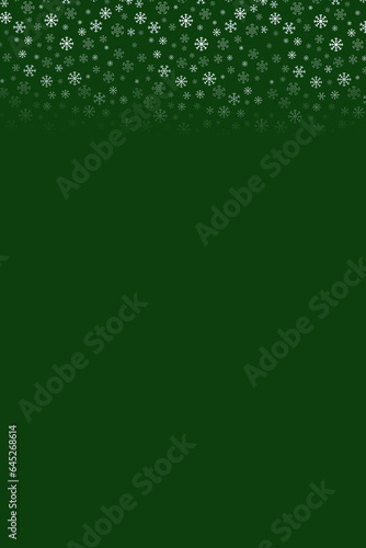 Snow falling on Christmas green background, new year card design with snowflakes