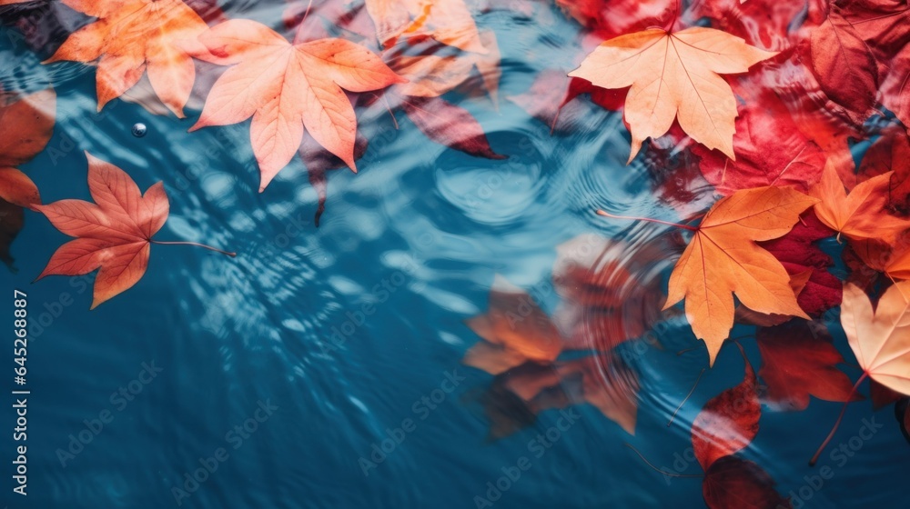 Autumn natural background, web banner. Top view of autumn bright yellow orange red fallen maple leaves in blue water. Autumn mood atmosphere nature background