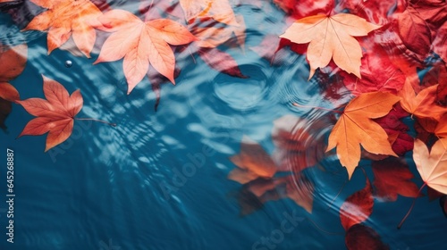 Autumn natural background, web banner. Top view of autumn bright yellow orange red fallen maple leaves in blue water. Autumn mood atmosphere nature background