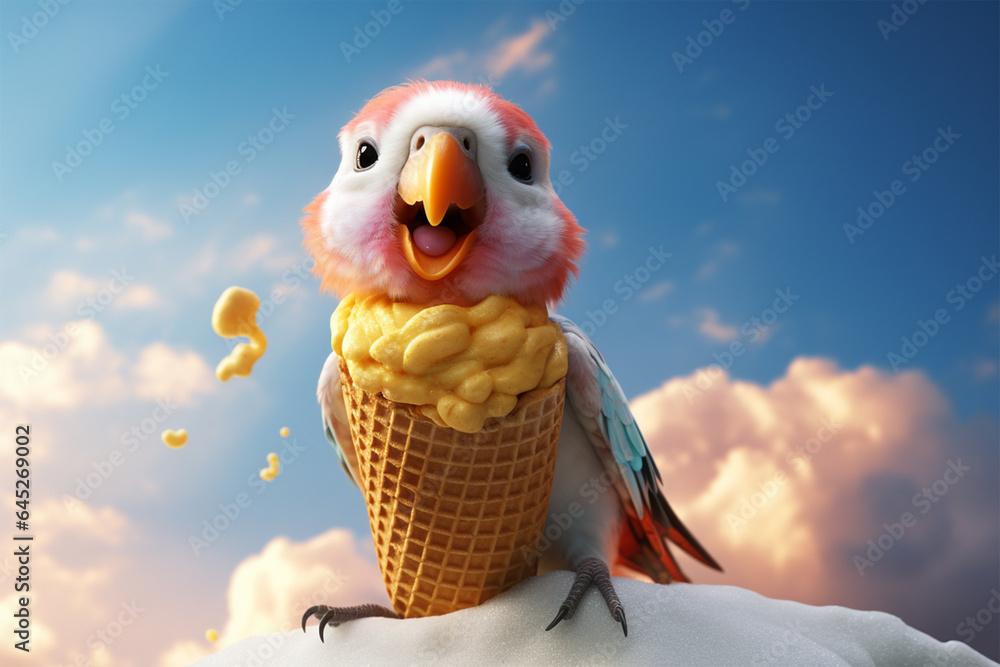 bird licks ice cream - obrazy, fototapety, plakaty 