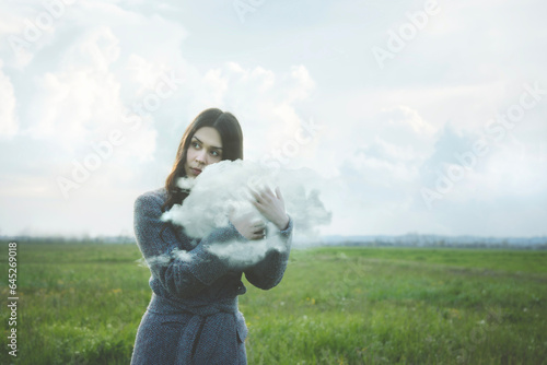 Papier peint magical surreal moment of a woman warmly hugging a cloud