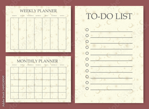 Time management sheet design in pastel color with starry sky. Blank printable goal setting sheet.