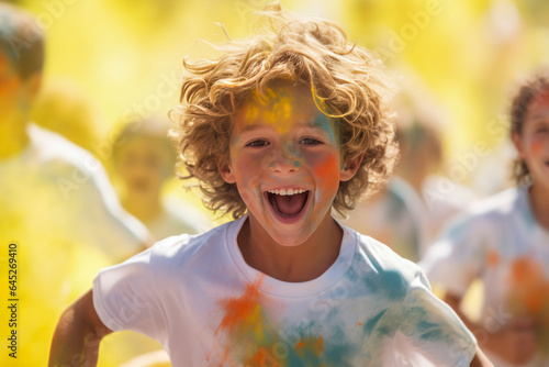 Smiling boy running in a vibrant colour run.