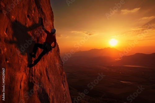 A man climbing a mountain at sunset