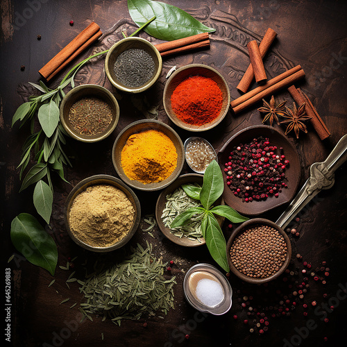 Group of diverse colorful spice powder in bowls on dark rustic background with vintage spoons  fresh herbs  anise star and cinnamon stick. Top view
