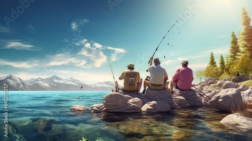 Group of friends gather around the water, eager to spend a fun-filled day fishing together. Fishing rod, fishing line, water, net, river, fish, catch, boat, hook, lake. Generated by AI.
